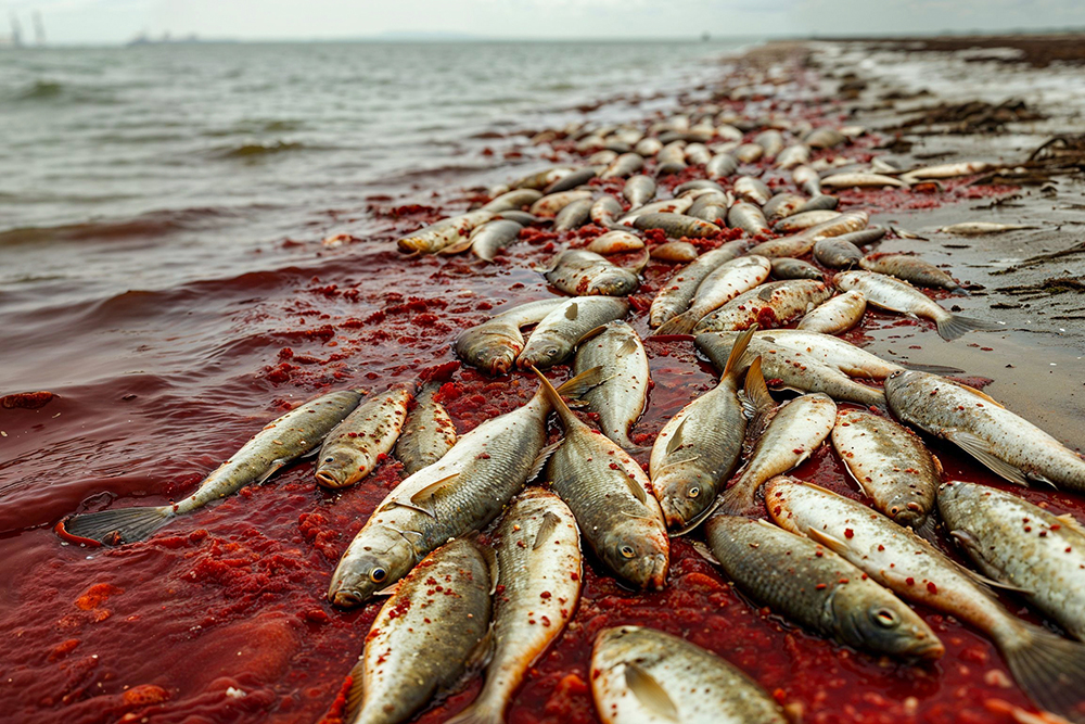 Dead fish in algae bloom